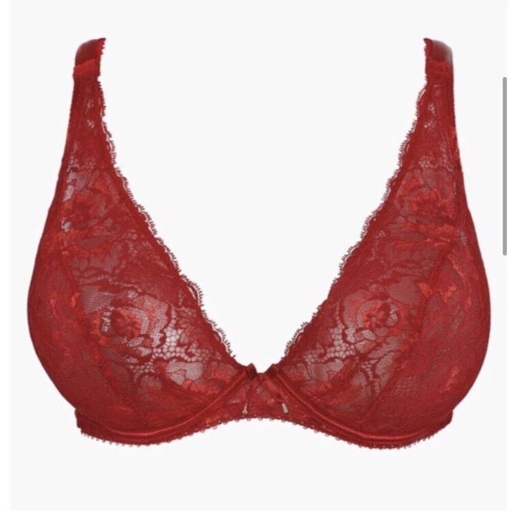 AUBADE Aube Amoureuse Comfort Plunge Triangle Bra in Rouge Amour Red Size 30E